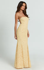 Belrose Maxi Dress - Jacquard Square Neck Fit And Flare Dress in Yellow