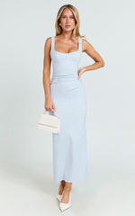 Benita Midi Dress - Scoop Neck Ruched Fitted Dress in Blue