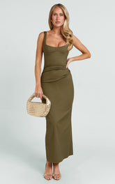 Benita Midi Dress - Scoop Neck Ruched Fitted Dress in Olive