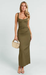Benita Midi Dress - Scoop Neck Ruched Fitted Dress in Olive