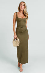 Benita Midi Dress - Scoop Neck Ruched Fitted Dress in Olive