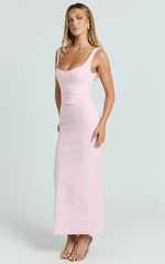 Benita Midi Dress - Scoop Neck Ruched Fitted Dress in Pink