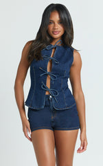 Benny Top - Tie Front Recycled Denim Top in Indigo Wash