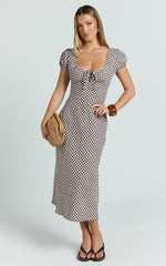 Bernice Midi Dress - Gingham Scoop Neck A Line Dress in Chocolate Gingham