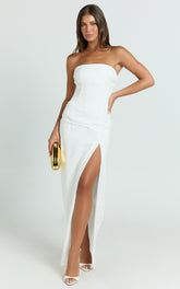 Berri Maxi Dress - Strapless Jacquard High Split Dress in White