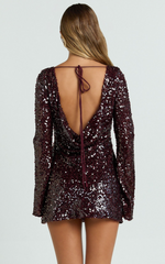 Bertina Mini Dress - Sequin Scoop Neck Low Back Dress in Wine
