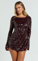 Bertina Mini Dress - Sequin Scoop Neck Low Back Dress in Wine