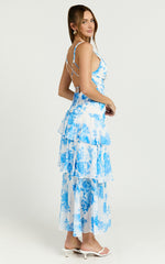 Beryl Midi Dress - Deep V Neck Sleeveless Layered Dress in Blue Floral