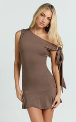 Beryl Mini Dress - Tipped Tie Shoulder Jersey Fit and Flare Dress in Dark Brown