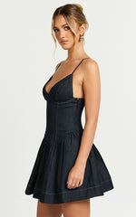 Betchie Mini Dress - Neck Strappy Drop Waist Gathered Skirt Denim Dress in Dark Raw Denim