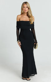 Bethanie Maxi Dress - Off The Shoulder Mesh Dress in Black