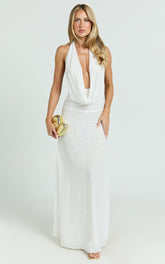 Bettina Maxi Dress - Low Cowl Neck Halter Bodycon Dress in Off White