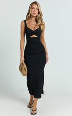 Bianca Midi Dress - Twist Front Cut Out Ruched Dress in Black