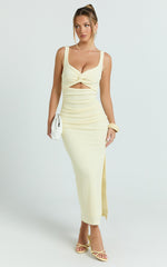 Bianca Midi Dress - Twist Front Cut Out Ruched Dress in Lemon