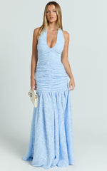 Bijou Maxi Dress - Embroidery Deep V Halter Ruched Dress in Ice Blue