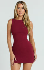 Bindi Boat Neck Bodycon Mini Dress in Wine