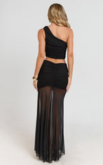 Bindi Maxi Skirt - Asymmetric Contrast Jersey Leg Split Skirt in Black