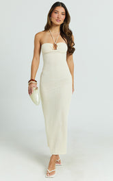 Blaire Midi Dress - Strappy Ruched Front Column Fitted Textured Jersey Dress in Off White