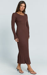 Blaire Midi Dress - Long Sleeve Tie Back Flare Dress in Dark Chocolate