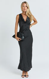 Blanca Maxi Dress - Cowl Neck Bias Cut Dress in Black Polka Dot