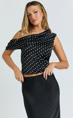 Blanca Top - One Shoulder Bias Cut Top in Black Polka Dot