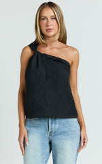 Bobbi Top - Linen Look Knot Detail One Shoulder Top in Black