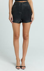 Braelyn Shorts - Faux Leather Mid Waisted Mini Shorts in Black