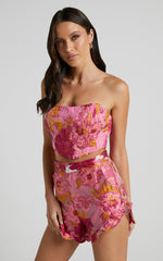 Brailey Shorts - Frill Hem Shorts in Pink Jacquard