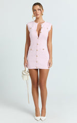 Branson Mini Dress - Sleeveless Button Down Knitted Dress in Plain Pink