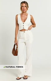 Bree Pants - Linen Mid Rise Relaxed Straight Leg Tailored Trousers in White