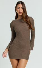 Brenda Mini Dress - Boat Neck Rib Knit Bodycon Dress in Mocha