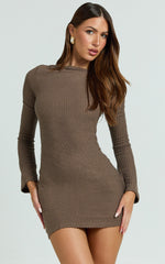 Brenda Mini Dress - Boat Neck Rib Knit Bodycon Dress in Mocha