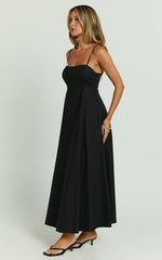 Brette Midi Dress - Linen Straight Neck Strappy Fit And Flare Dress in Black