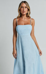 Brette Midi Dress - Linen Straight Neck Strappy Fit And Flare Dress in Blue