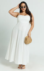 Brette Midi Dress - Linen Straight Neck Strappy Fit And Flare Dress in White