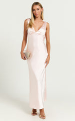 Brienne Midi Dress - Plunge Cowl Back Satin Dress in Soft Pink