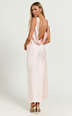 Brienne Midi Dress - Plunge Cowl Back Satin Dress in Soft Pink