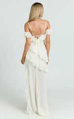 Brigitte Maxi Dress - Halter Off Shoulder Georgette Ruffle Tiered Dress in Cream