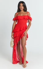 Brigitte Maxi Dress - Halter Off Shoulder Georgette Ruffle Tiered Dress in Red