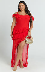 Brigitte Maxi Dress - Halter Off Shoulder Georgette Ruffle Tiered Dress in Red