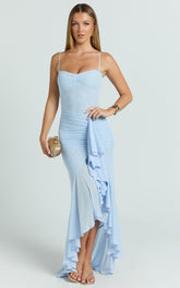 Brionna Midi Dress - Lace Neck Ruched Ruffle Hem Dress in Blue