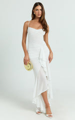 Brionna Midi Dress - Lace Neck Ruched Ruffle Hem Dress in White