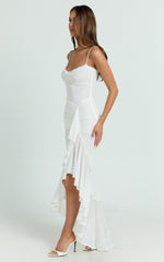 Brionna Midi Dress - Lace Neck Ruched Ruffle Hem Dress in White