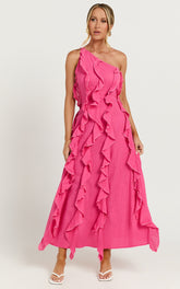 Britney Maxi Linen Blend Dress - One Shoulder Ruffle Detail Dress in Pink