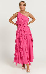 Britney Maxi Linen Blend Dress - One Shoulder Ruffle Detail Dress in Pink