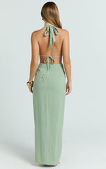 Brooklyn Maxi Dress - Halter Neck Knot Detail Front Split Maxi Dress in Sage