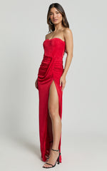 Brydie Maxi Dress - Strapless Corset Draped High Split Dress in Red