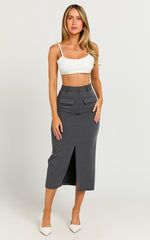 Brylee Midi Skirt - High Waisted Front Split Skirt in Charcoal