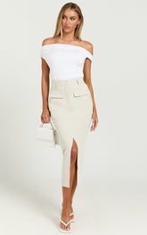 Brylee Midi Skirt - High Waisted Front Split Skirt in Stone