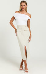 Brylee Midi Skirt - High Waisted Front Split Skirt in Stone